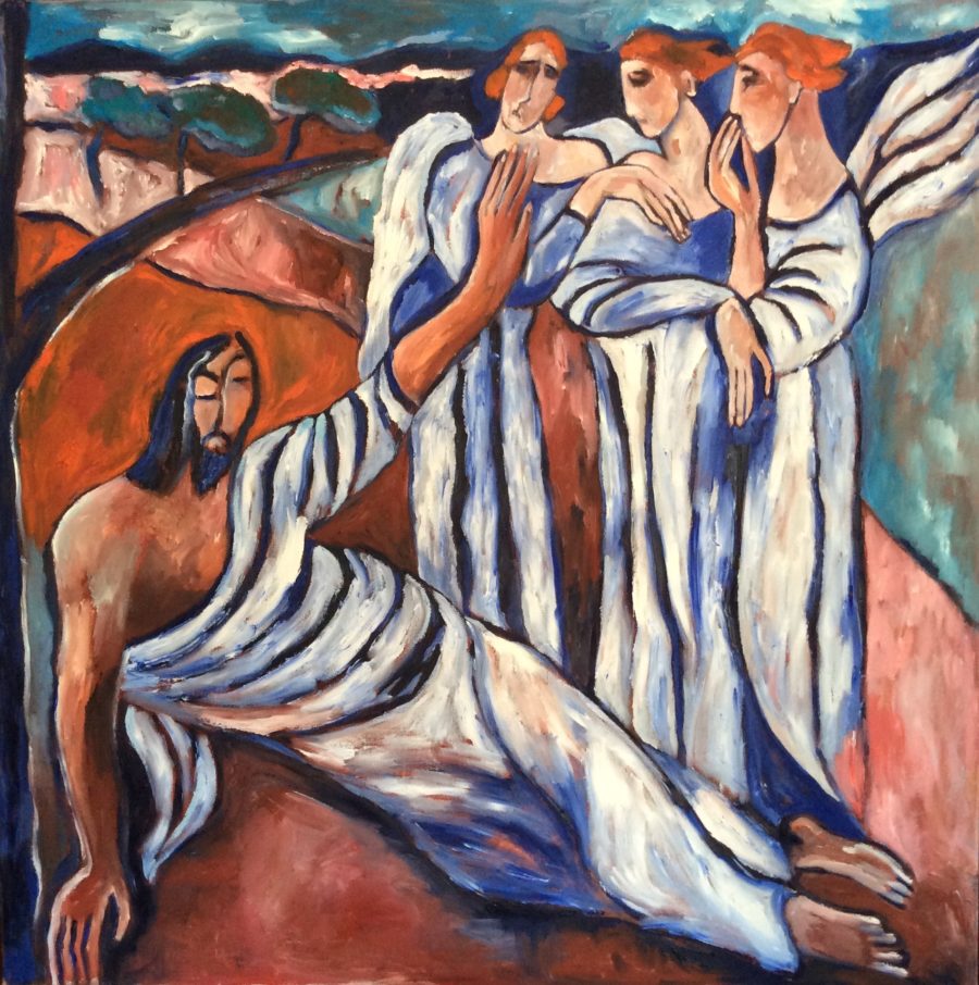 Christ in Olive Garden with three Angels / Gethsemane painting | Olga Bakhtina