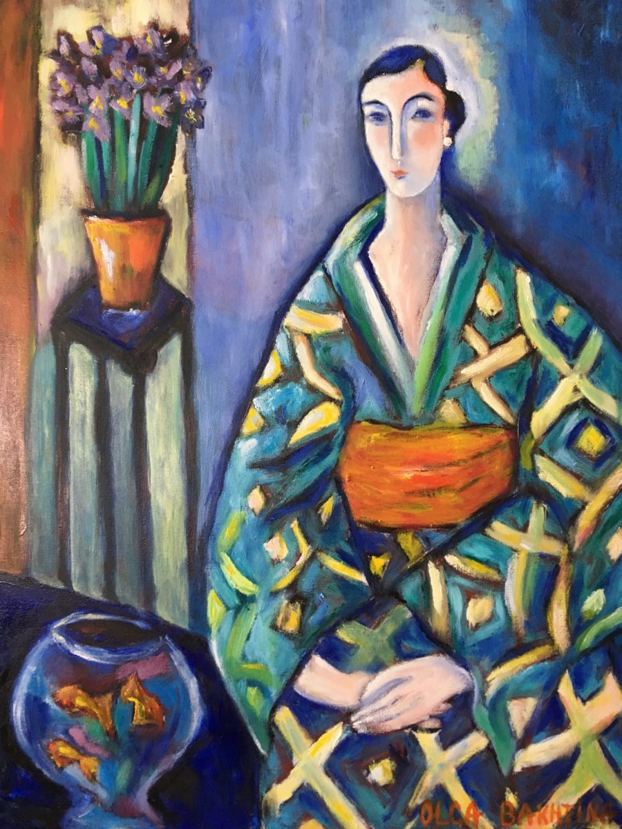 Green kimono and gold fish painting | Olga Bakhtina