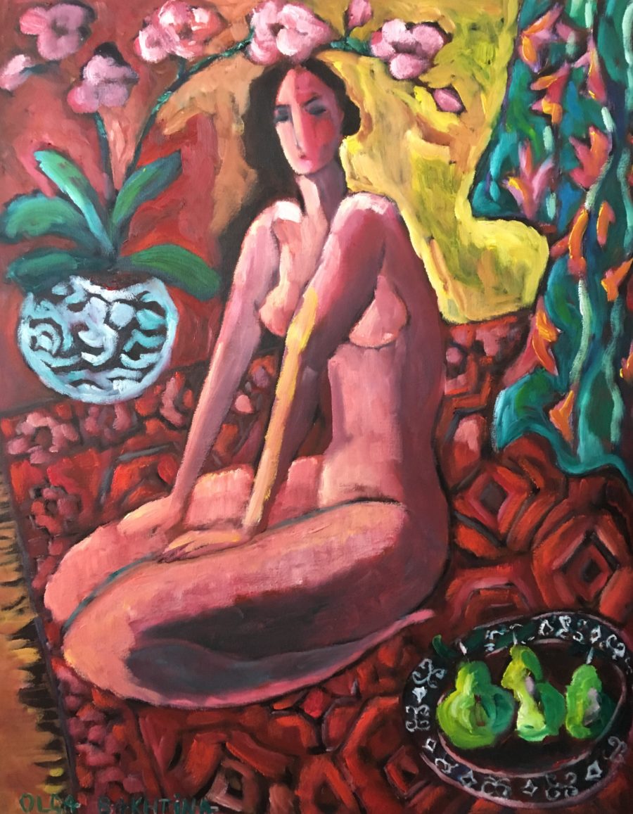 Green kimono, nude and pears painting | Olga Bakhtina