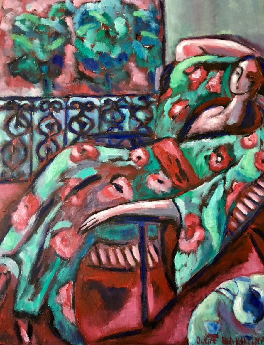 On the terrace in green kimono painting | Olga Bakhtina