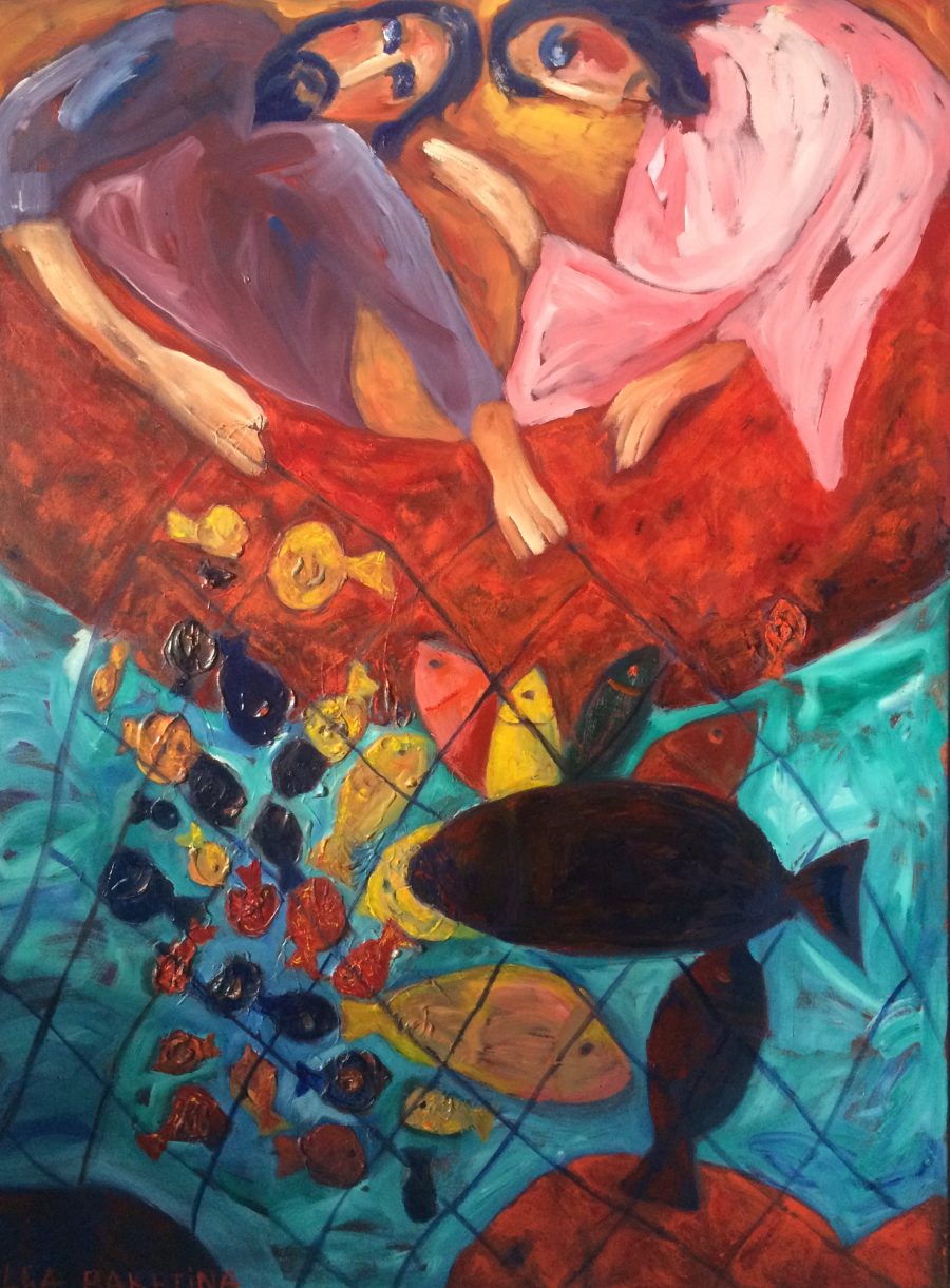 Jesus and Peter fishing painting | Olga Bakhtina