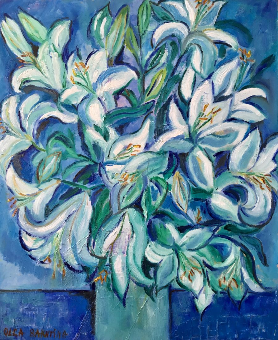 White lilies on blue painting | Olga Bakhtina