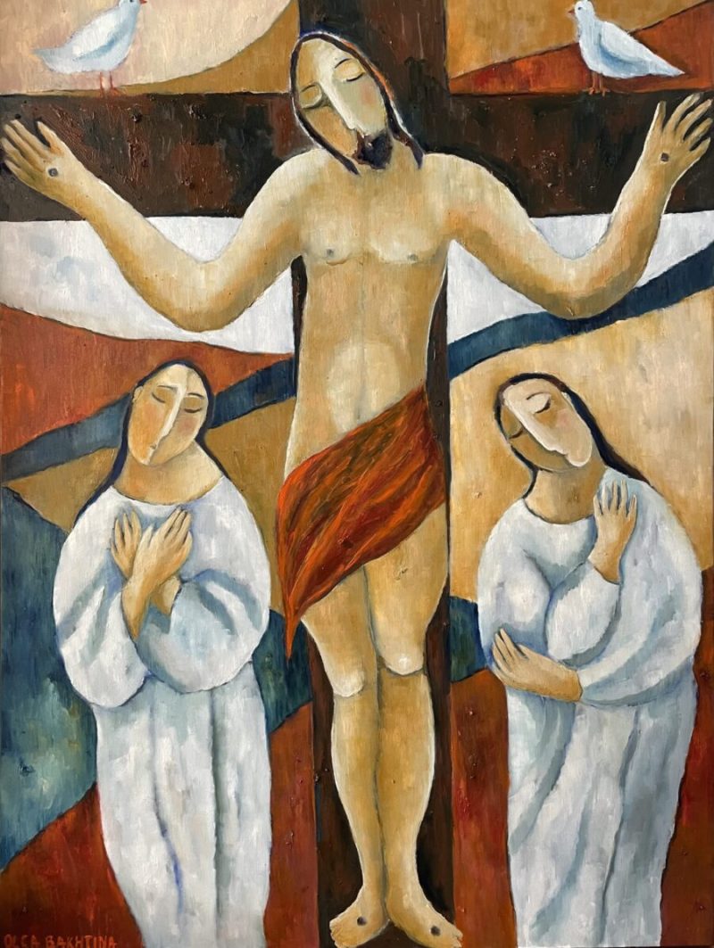 ‘Crucifixion’ captures a moment of sorrow and transcendence. St Mary and Mary Magdalene stand in silent witness, embodying profound human grief.